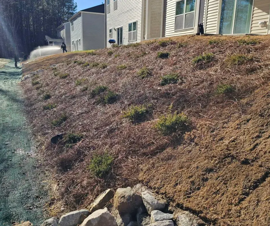 Slope stabilization with coir matting and rip-rap